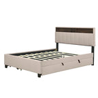 Queen Size Upholstered Platform Bed w/ Storage Headboard, Twin XL Size Trundle & 2 Drawers & USB Ports, Linen Fabric, Gray