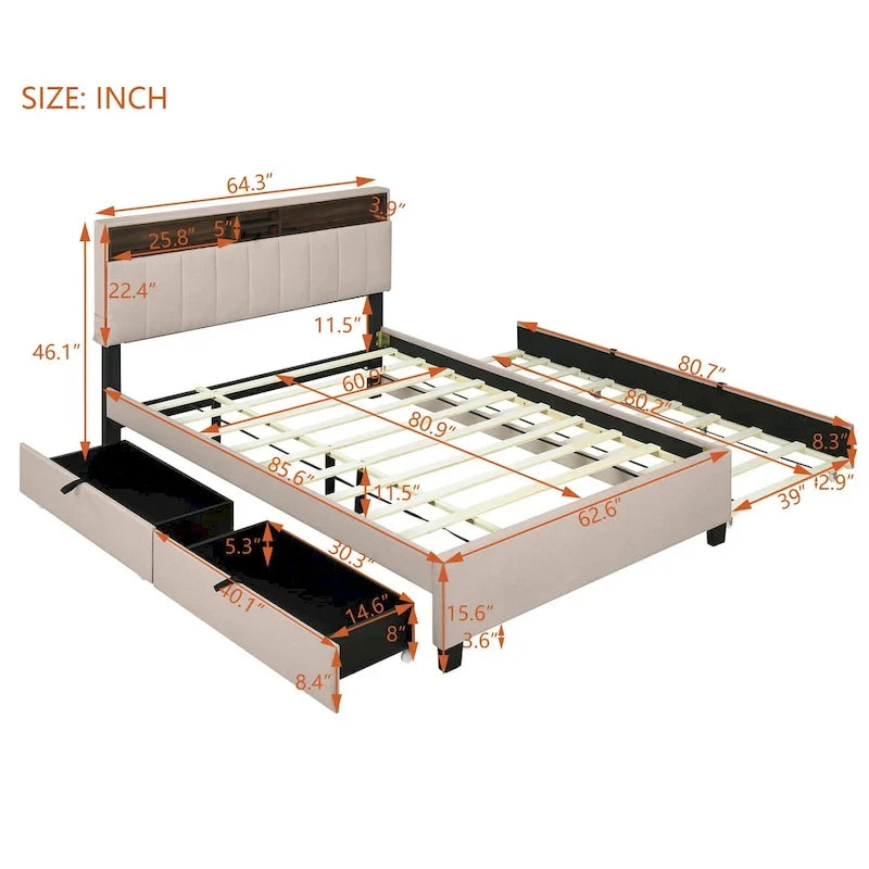Queen Size Upholstered Platform Bed w/ Storage Headboard, Twin XL Size Trundle & 2 Drawers & USB Ports, Linen Fabric, Gray