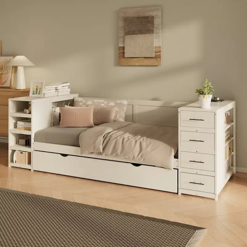 Wooden Twin Size Daybed with Trundle, Side Shelf and Drawers, Storage Bed with Desk and Charging Station for Bedroom, Guest Room