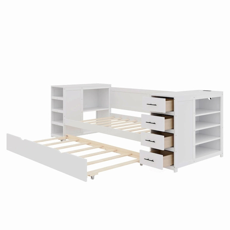 Wooden Twin Size Daybed with Trundle, Side Shelf and Drawers, Storage Bed with Desk and Charging Station for Bedroom, Guest Room