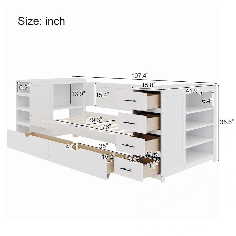 Wooden Twin Size Daybed with Trundle, Side Shelf and Drawers, Storage Bed with Desk and Charging Station for Bedroom, Guest Room