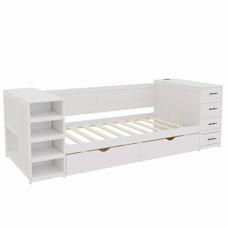 Wooden Twin Size Daybed with Trundle, Side Shelf and Drawers, Storage Bed with Desk and Charging Station for Bedroom, Guest Room