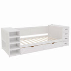 Wooden Twin Size Daybed with Trundle, Side Shelf and Drawers, Storage Bed with Desk and Charging Station for Bedroom, Guest Room