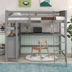 Full Size Loft Bed with Drawers and Desk, Wooden Loft Bed with Shelves - White