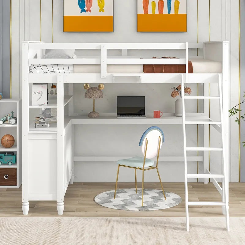 Full Size Loft Bed with Drawers and Desk, Wooden Loft Bed with Shelves - White
