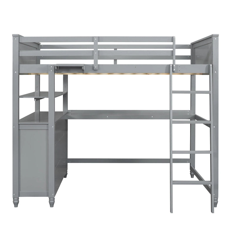 Full Size Loft Bed with Drawers and Desk, Wooden Loft Bed with Shelves - White
