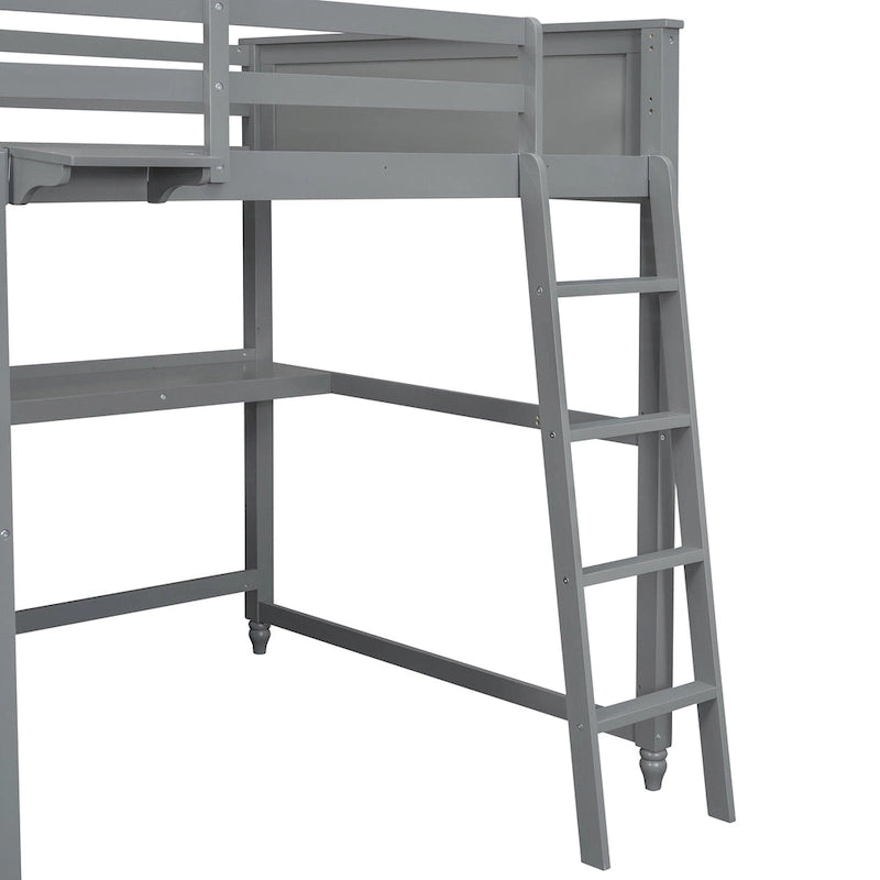 Full Size Loft Bed with Drawers and Desk, Wooden Loft Bed with Shelves - White