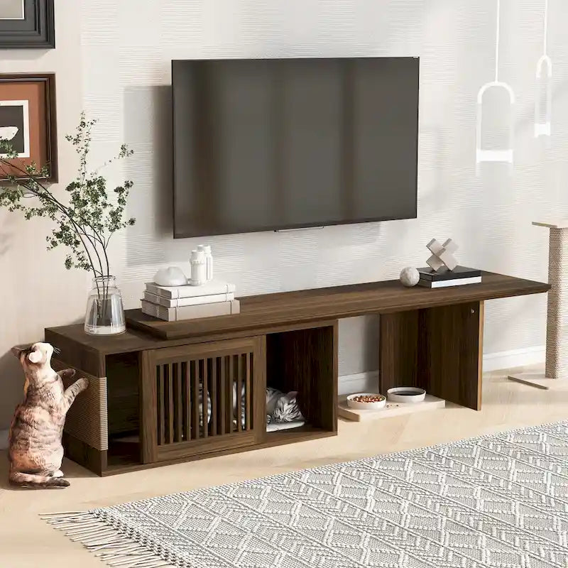 Extendable TV Stand with Cat Cushion,Modern TV Stand for TVs Up to 85, Entertainment Center with Sliding Door
