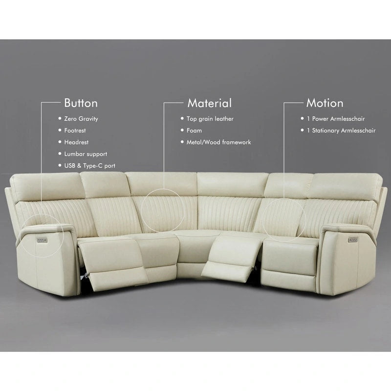 Cole 105 W Genuine Leather Power Reclining sectional sofa with USB&USB-C Port,power armlesschair