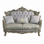 Royale Loveseat, 3 Pillows, Gray Fabric, Antique Bronze Wood, 73 Inch