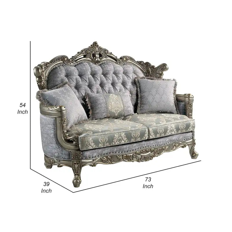 Royale Loveseat, 3 Pillows, Gray Fabric, Antique Bronze Wood, 73 Inch