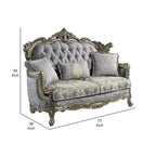 Royale Loveseat, 3 Pillows, Gray Fabric, Antique Bronze Wood, 73 Inch
