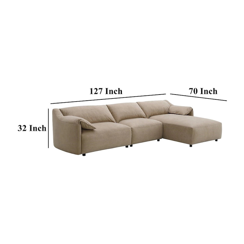 Vety L Shaped Sectional Sofa, Pillow Arm, Light Brown Nubuck Leather