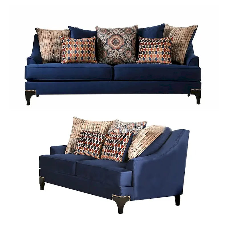 Eton 2pc Sofa Loveseat Set, 12 Pillows, Cabriole, Navy Blue Chenille