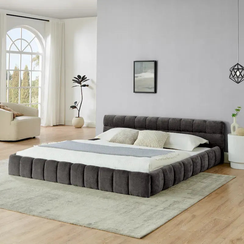 Chenille Upholstered Bed Grounded Platform Bed with Headboard