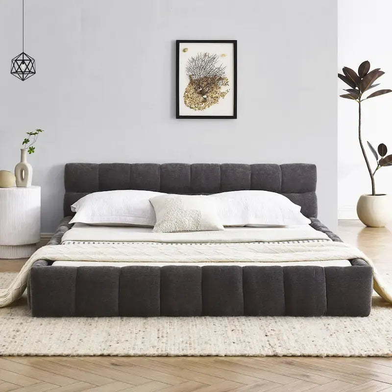 Chenille Upholstered Bed Grounded Platform Bed with Headboard