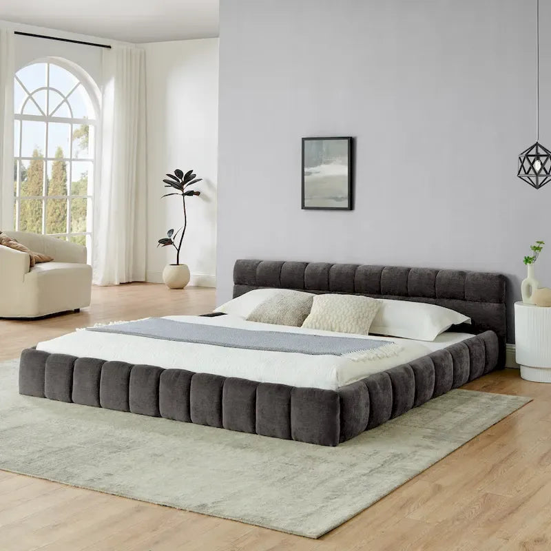 Chenille Upholstered Bed Grounded Platform Bed with Headboard