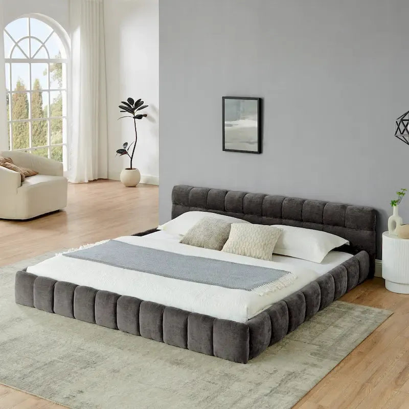 Chenille Upholstered Bed Grounded Platform Bed with Headboard