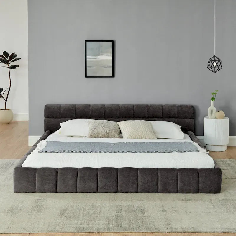 Chenille Upholstered Bed Grounded Platform Bed with Headboard