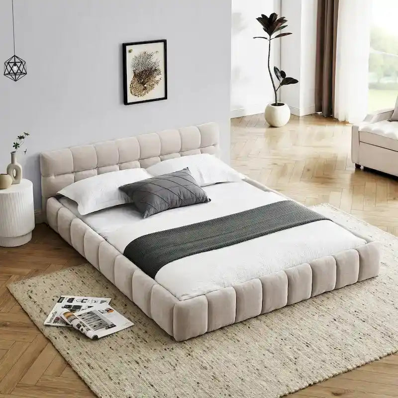 Chenille Upholstered Bed Grounded Platform Bed with Headboard