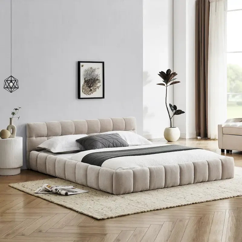 Chenille Upholstered Bed Grounded Platform Bed with Headboard