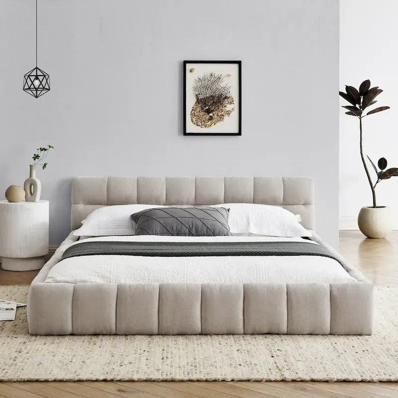 Chenille Upholstered Bed Grounded Platform Bed with Headboard
