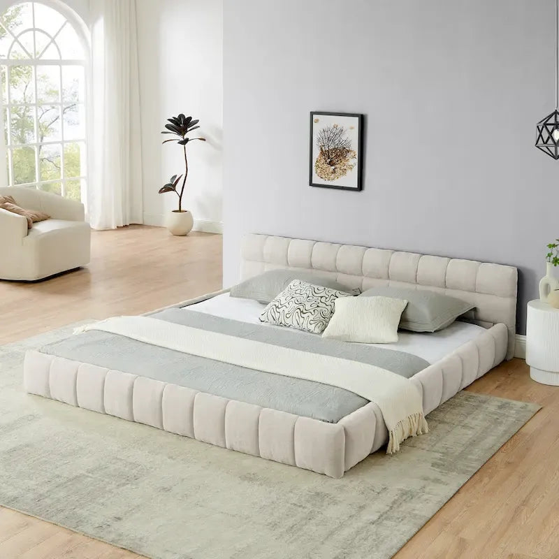 Chenille Upholstered Bed Grounded Platform Bed with Headboard