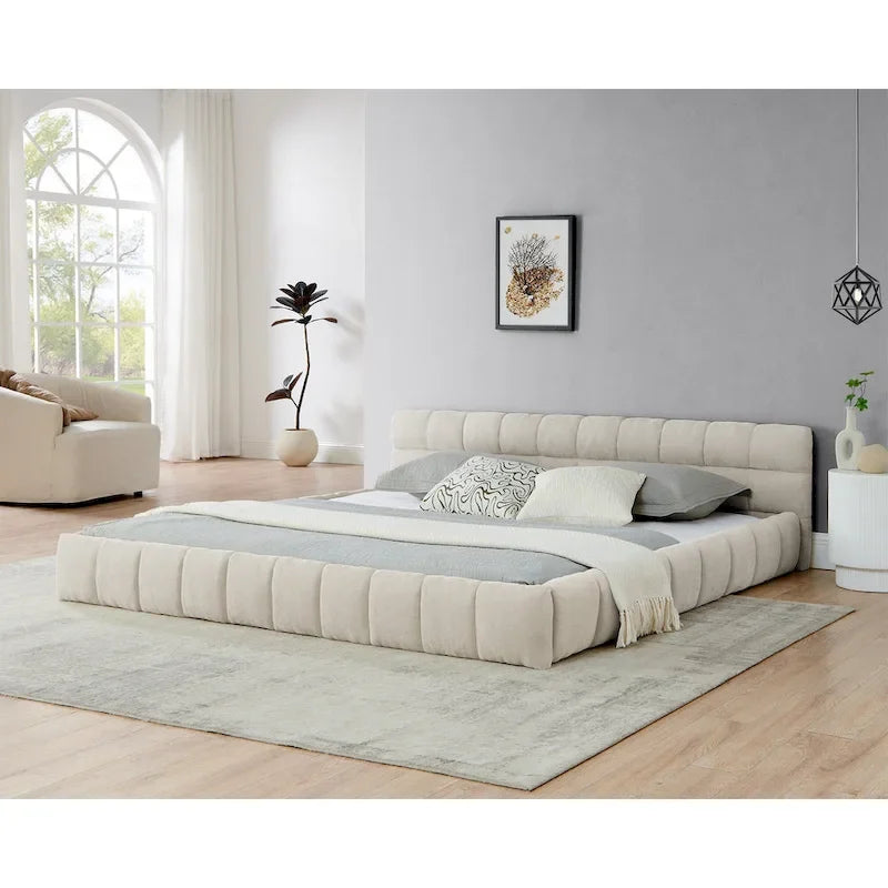 Chenille Upholstered Bed Grounded Platform Bed with Headboard