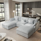 Classic Modern Linen Sectional Modular Sofa 3-Seater with 2 Ottomans, U-shaped Down Filled Cloud Couch with Cushions