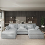 Classic Modern Linen Sectional Modular Sofa 3-Seater with 2 Ottomans, U-shaped Down Filled Cloud Couch with Cushions