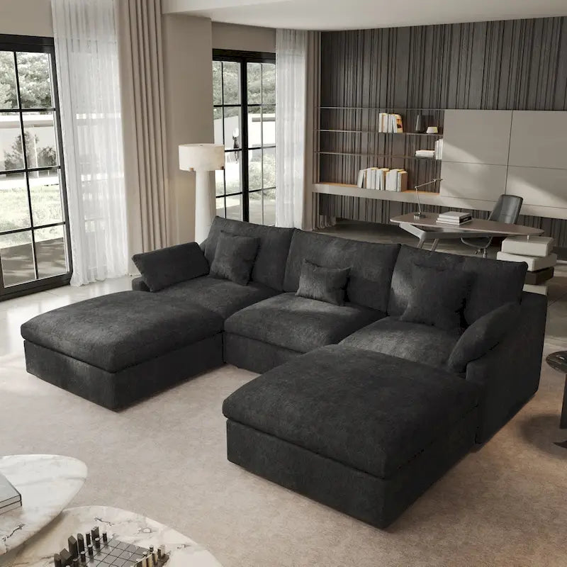 Classic Modern Linen Sectional Modular Sofa 3-Seater with 2 Ottomans, U-shaped Down Filled Cloud Couch with Cushions