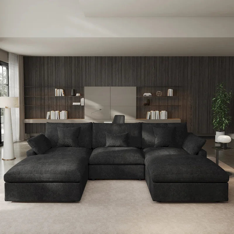 Classic Modern Linen Sectional Modular Sofa 3-Seater with 2 Ottomans, U-shaped Down Filled Cloud Couch with Cushions