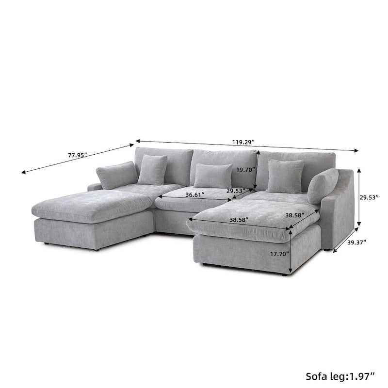 Classic Modern Linen Sectional Modular Sofa 3-Seater with 2 Ottomans, U-shaped Down Filled Cloud Couch with Cushions