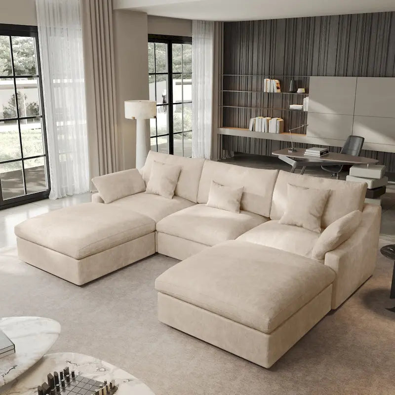 Classic Modern Linen Sectional Modular Sofa 3-Seater with 2 Ottomans, U-shaped Down Filled Cloud Couch with Cushions
