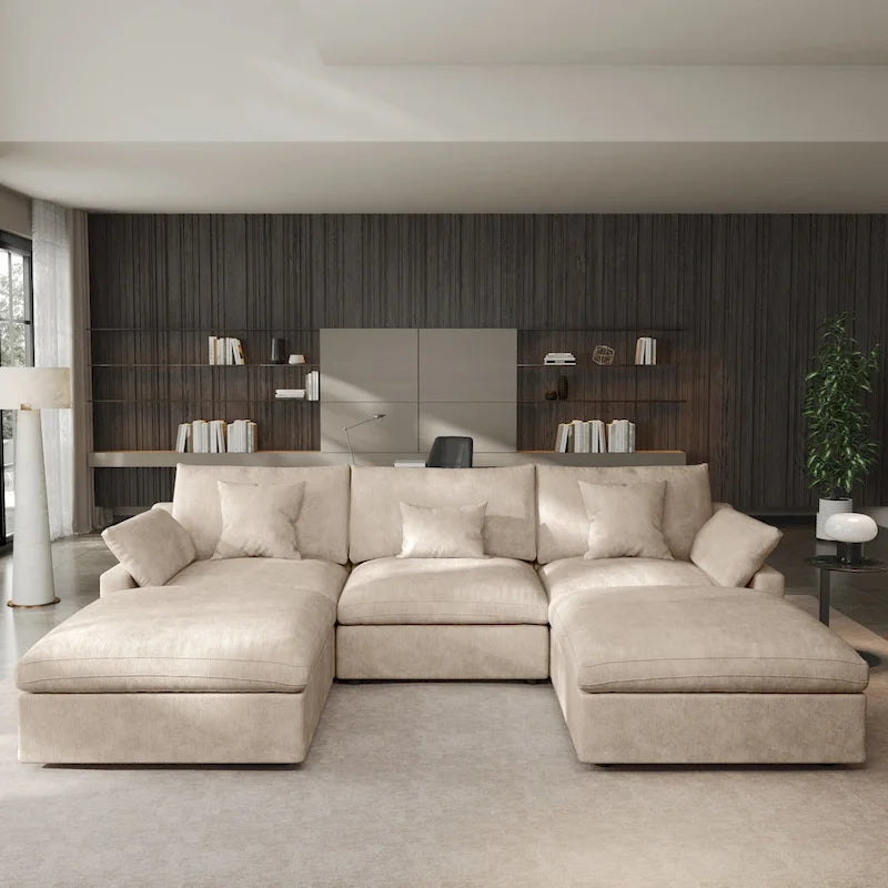 Classic Modern Linen Sectional Modular Sofa 3-Seater with 2 Ottomans, U-shaped Down Filled Cloud Couch with Cushions