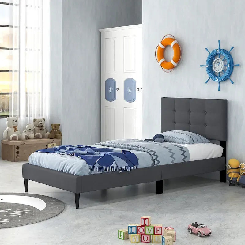Gymax Twin Upholstered Platform Bed Mattress Foundation Button Tufted