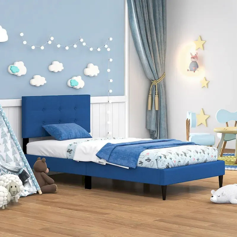 Gymax Twin Upholstered Platform Bed Mattress Foundation Button Tufted