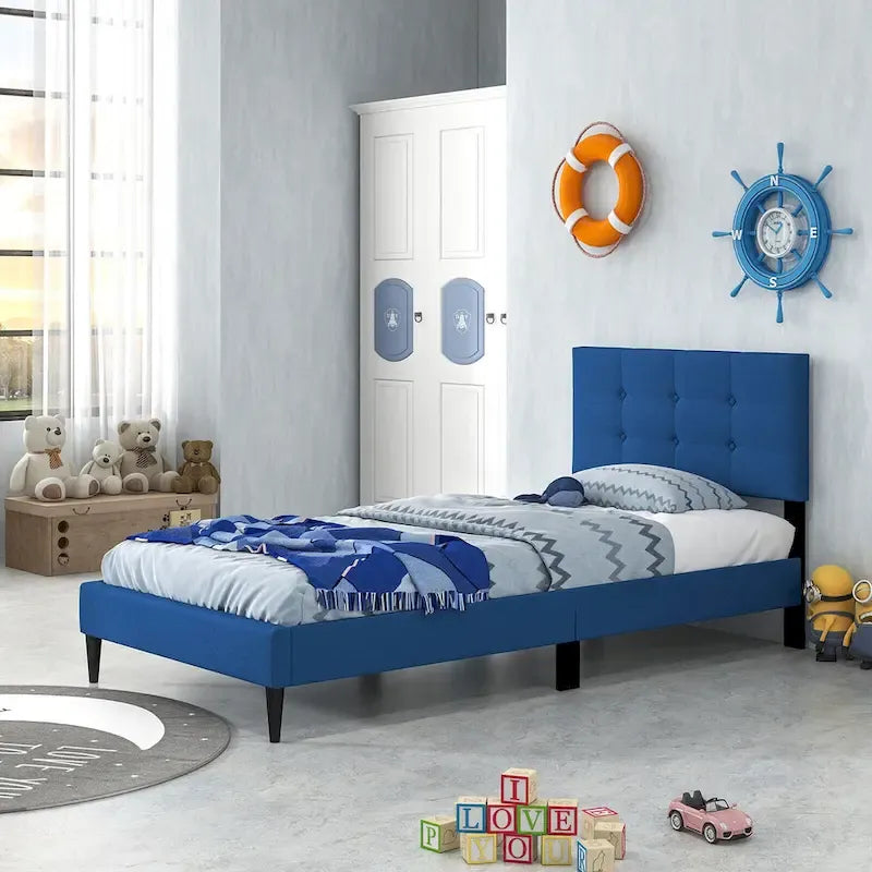 Gymax Twin Upholstered Platform Bed Mattress Foundation Button Tufted