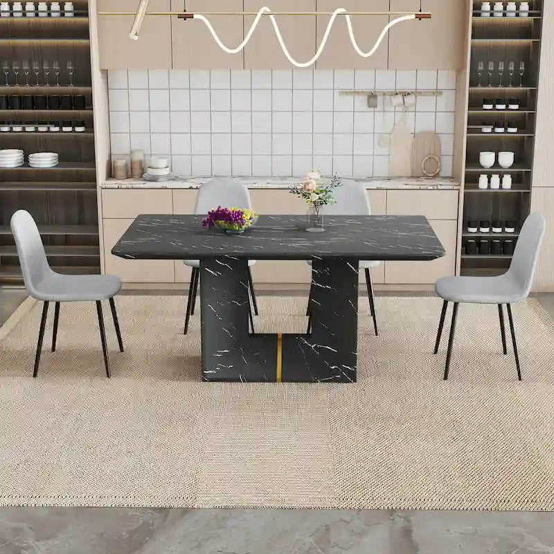 5 Piece Dining Room Set Kitchen Table Set with Square O-Shaped Legs, 4 Upholstered Dining Chairs for 4 People