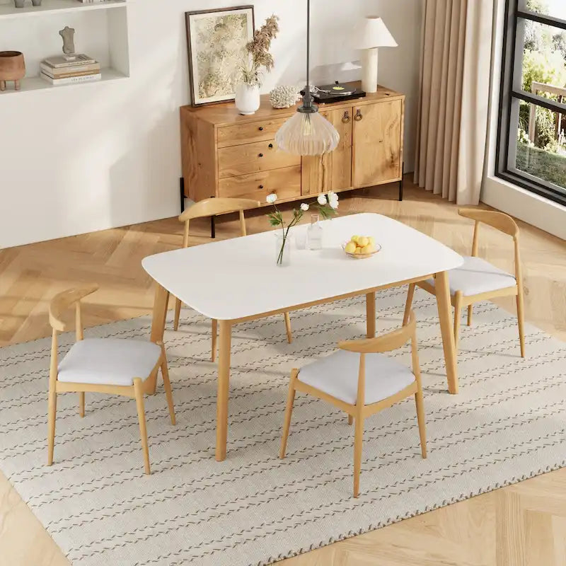 5 Piece Dining Set Wood Kitchen Set with Rectangular Dining Table and 4 Upholstered Chairs for Home Apartment
