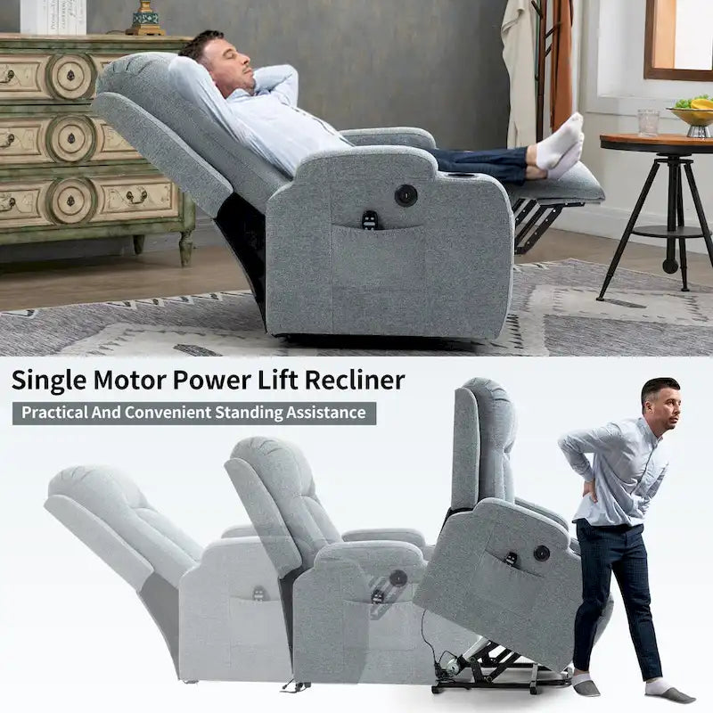 Lazy Boy Power Lift Recliner Chair, Modern Single Motor Massage Sofa Chair with Lumbar Heating, USB Charging Port, Cup Holders