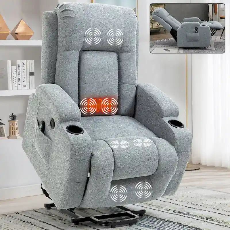 Lazy Boy Power Lift Recliner Chair, Modern Single Motor Massage Sofa Chair with Lumbar Heating, USB Charging Port, Cup Holders
