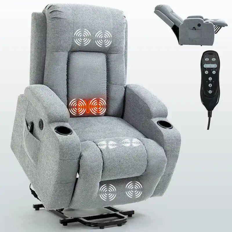 Lazy Boy Power Lift Recliner Chair, Modern Single Motor Massage Sofa Chair with Lumbar Heating, USB Charging Port, Cup Holders