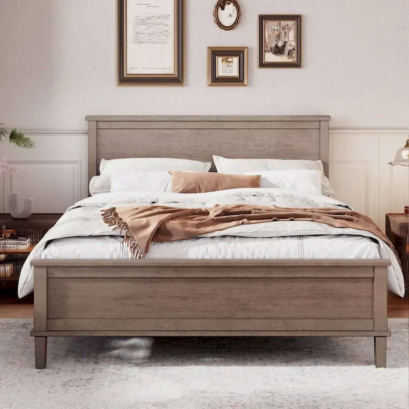 Wood Platform Bed Frame with Headboard, Wooden Panel Bed with Wood Slat Support and Under Bed Storage, No Box Spring Needed