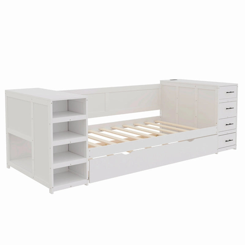 Twin Daybed with Trundle or Drawers, Side Storage Cabinet on Both Sides, Charging Station - Wood Slat Suppor Platform Bed Frame