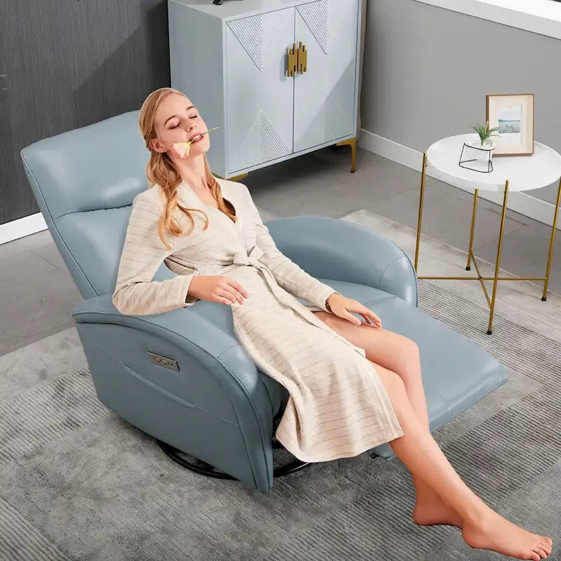 270 Genuine Leather Swivel and Rocker Power Recliner Chair for Elderly, Lving Room Single Sofa w/Lumbar Support & Rolled Arms