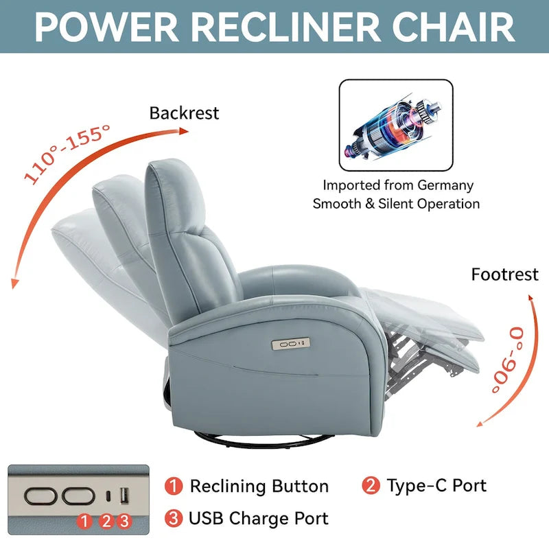 270 Genuine Leather Swivel and Rocker Power Recliner Chair for Elderly, Lving Room Single Sofa w/Lumbar Support & Rolled Arms
