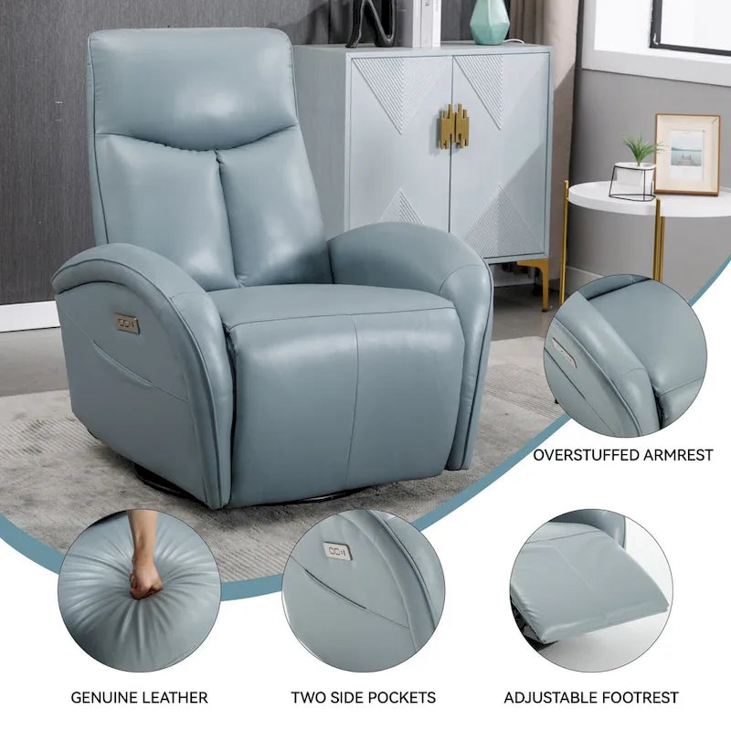 270 Genuine Leather Swivel and Rocker Power Recliner Chair for Elderly, Lving Room Single Sofa w/Lumbar Support & Rolled Arms