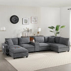 U Shaped Chenille Sofa w/Ottoman,Console,Cup Holder,Wide Seat,USB