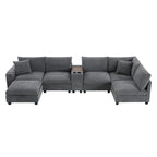 U Shaped Chenille Sofa w/Ottoman,Console,Cup Holder,Wide Seat,USB